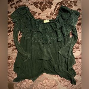 Altar’d State Off the Shoulder Distressed Black Blouse with Crochet Detail